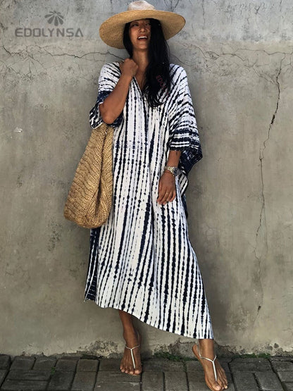 Bohemian Printed V-neck Batwing Sleeve Side Split Loose Dress For Women Clothes Plus Size Beachwear Maxi Dresses Q1218
