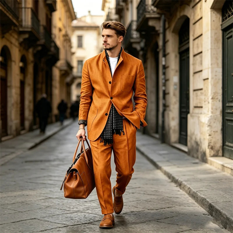 Men's 2 Piece Suit Linen Blend Stand Collar Single Breasted 3 Button Slim Fit Business Casual Vacation Wedding Breathable Outfit