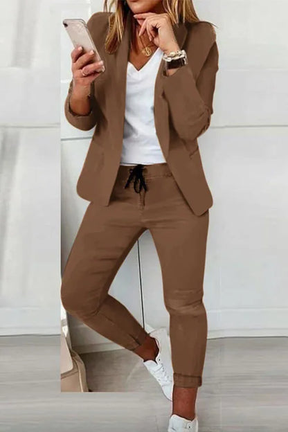 Women's Monochrome Casual Business Suit Temperament Commuting Pants Drawstring Elastic Waist Fashion Slit Suit Two-piece Set