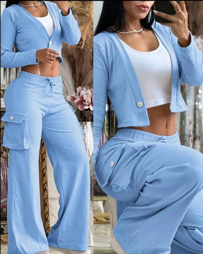 Women's Spring Summer New Fashionable Solid Color Printed Sexy Waist Short Top Casual Pants Set For Women