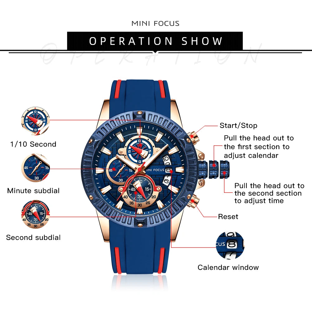 Top Brand MINI FOCUS Watch for Men Waterproof Silicone Strap Quartz Chronograph Male Wristwatches Luminous Relogio Masculino