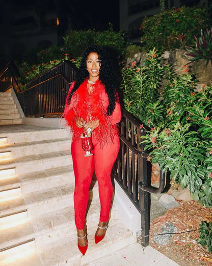 CM.YAYA Fashion Mesh See Though Women's Set Feather Side Long Sleeve Crop Top and Legging Pants  Sexy Two 2Piece Sets Outfit