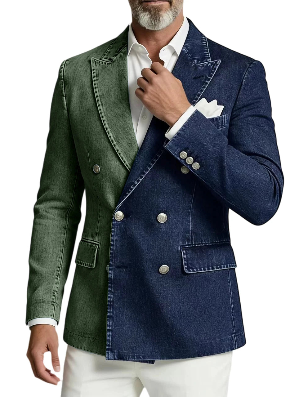 Men Spliced Denim Jacket Peak Lapel Double Breasted Slim Fit Casual Blazer Outing Date Night Trendy Party Fashion Costume Homme