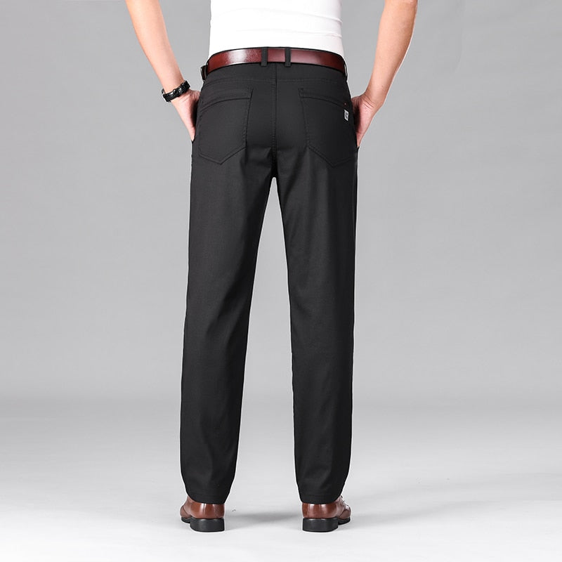 Pantaloni casual subțiri de lux pentru bărbați din țesătură lyocell de vară, în stil clasic, pantaloni largi, drepti, elastici, de afaceri, marcă masculină, negru