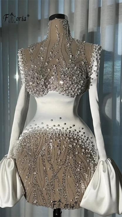 Fashion Short Cocktail Dress Pearls Sequin See Through Flare Sleeves Mini Graduation Party Dress Birthday Prom Gowns Customized