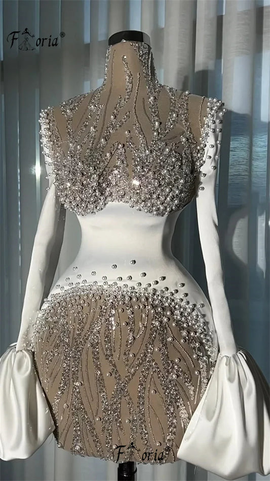 Fashion Short Cocktail Dress Pearls Sequin See Through Flare Sleeves Mini Graduation Party Dress Birthday Prom Gowns Customized
