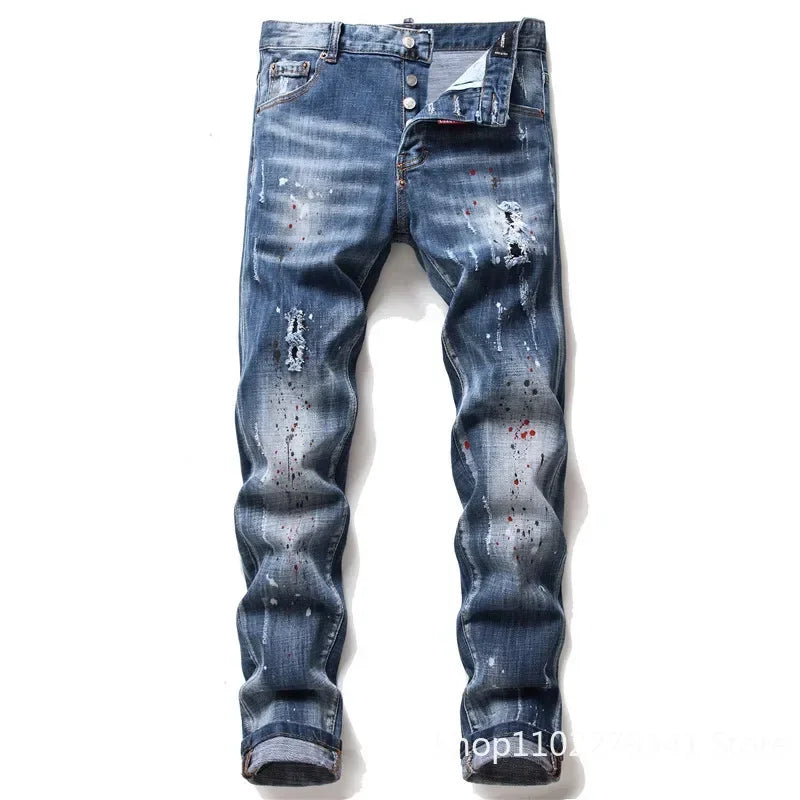 Men Blue Denim Jeans Skinny Holes Jeans Italian Style Stretch Denim Pants High Quality Male Slim Fit Denim Trousers Size 42