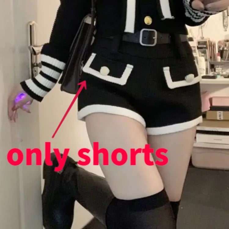 Sweet Sailor Collar Long Sleeve Knitted Cardigan Tops+ High Waist Slim Fit Shorts for Women  Autum New Two Piece Sets