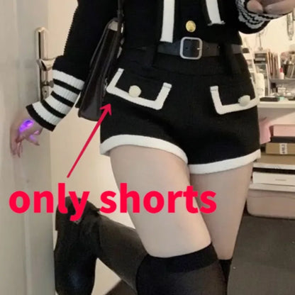 Sweet Sailor Collar Long Sleeve Knitted Cardigan Tops+ High Waist Slim Fit Shorts for Women  Autum New Two Piece Sets