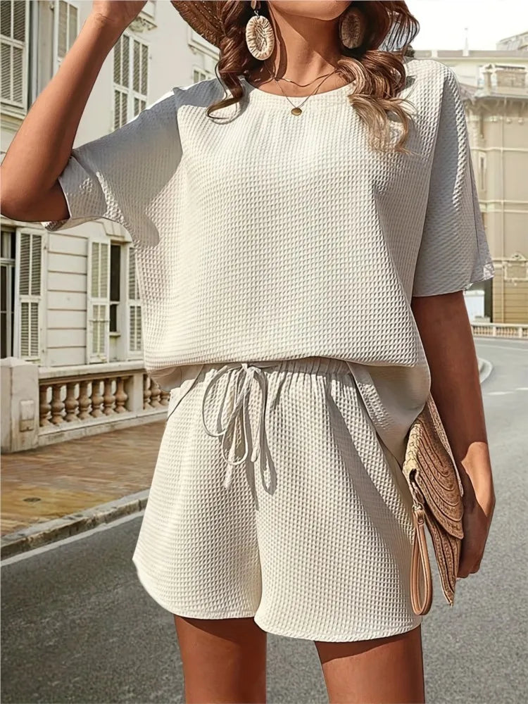 New Two Piece Set For Women Short Sleeve Foreign Style Bat T Shirt Fashion Solid Color Shorts 2 Piece Sets Women Outfits