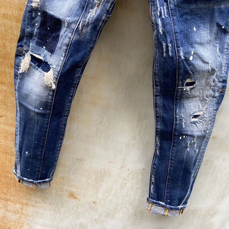 US100 Chareiharper DSQ Cotton T121 Men's Jeans Straight Fit Elastic Blue Paint Wash Water Tear Tear Process Italian Design Jeans