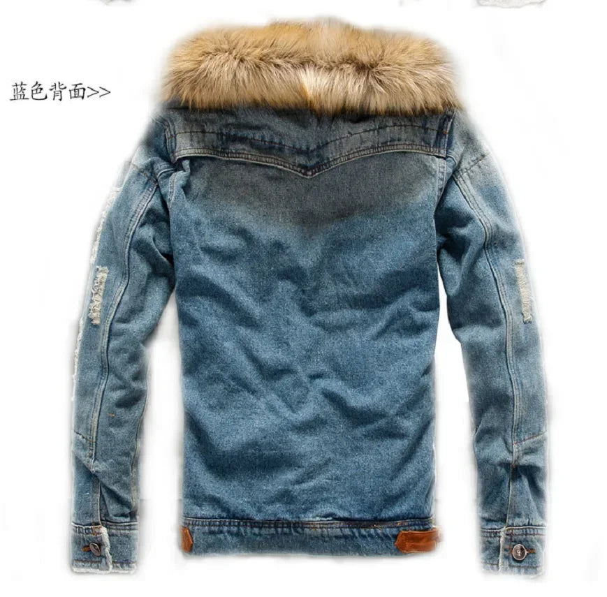 Winter Mens Denim Jacket with Fur Collar Retro Ripped Fleece Jeans Jacket and Coat for Autumn Winter S-6XL