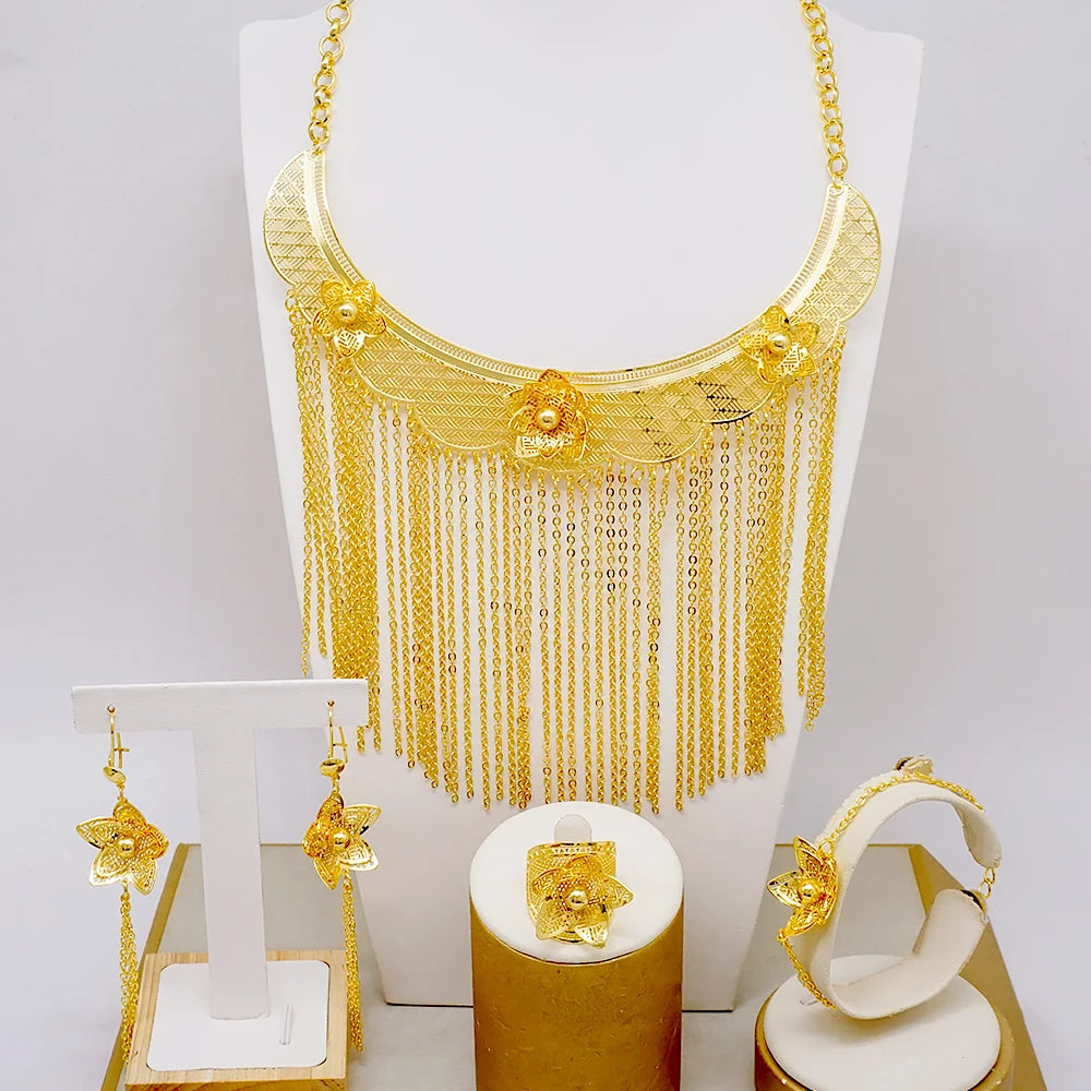 Women Necklace Dubai 24k Plated Gold Jewelry Set Original Earrings Rings Bracelets Wedding Accessory Gifts Nigeria