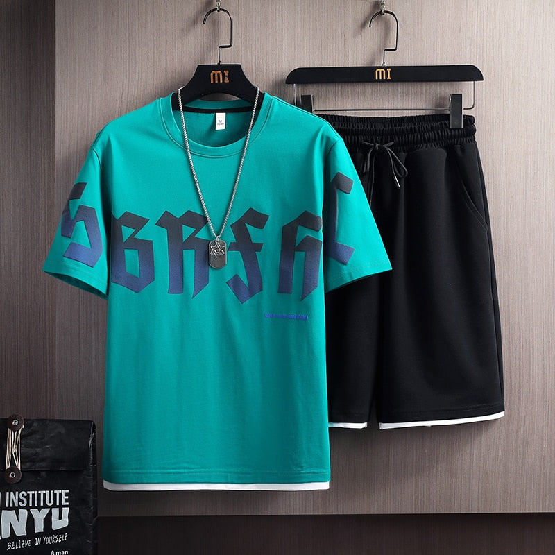 Summer New Mens Set Hip Hop Fashion Tracksuit T-shirt and Shorts Two Piece Set Men Harajuku Streetwear Casual Outfit Set