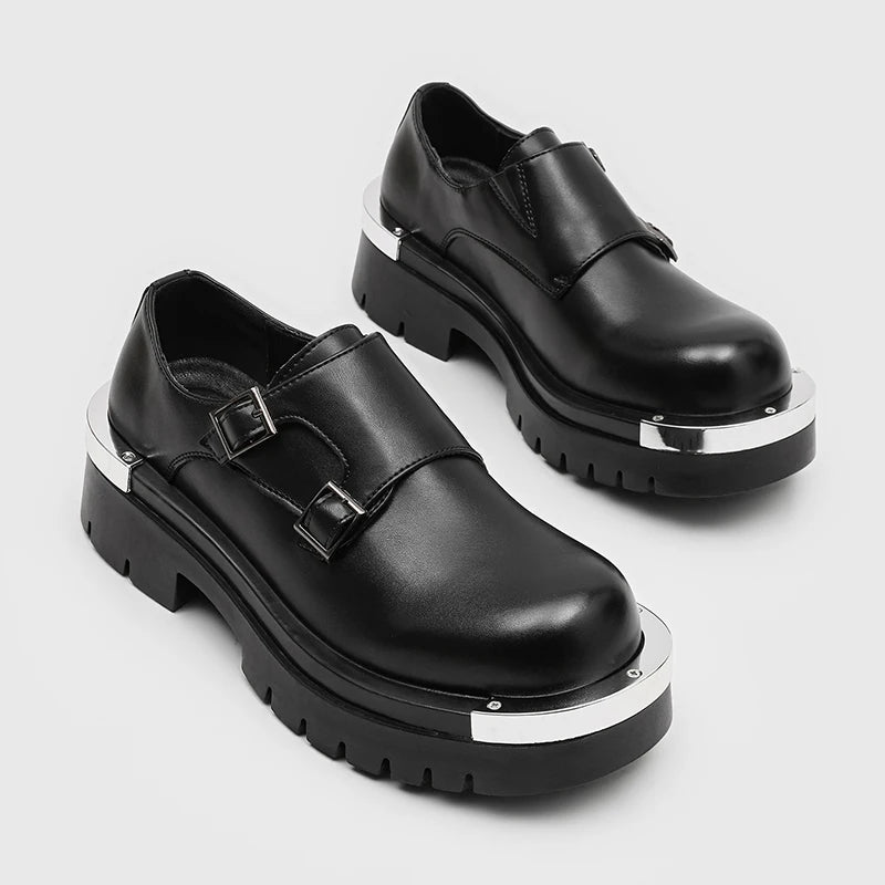 Men Fashion Paris Derby Shoes Punk Style Metal Big Head Double Breasted Decoration New Thick Bottom Height Increase Men's Dress Shoes