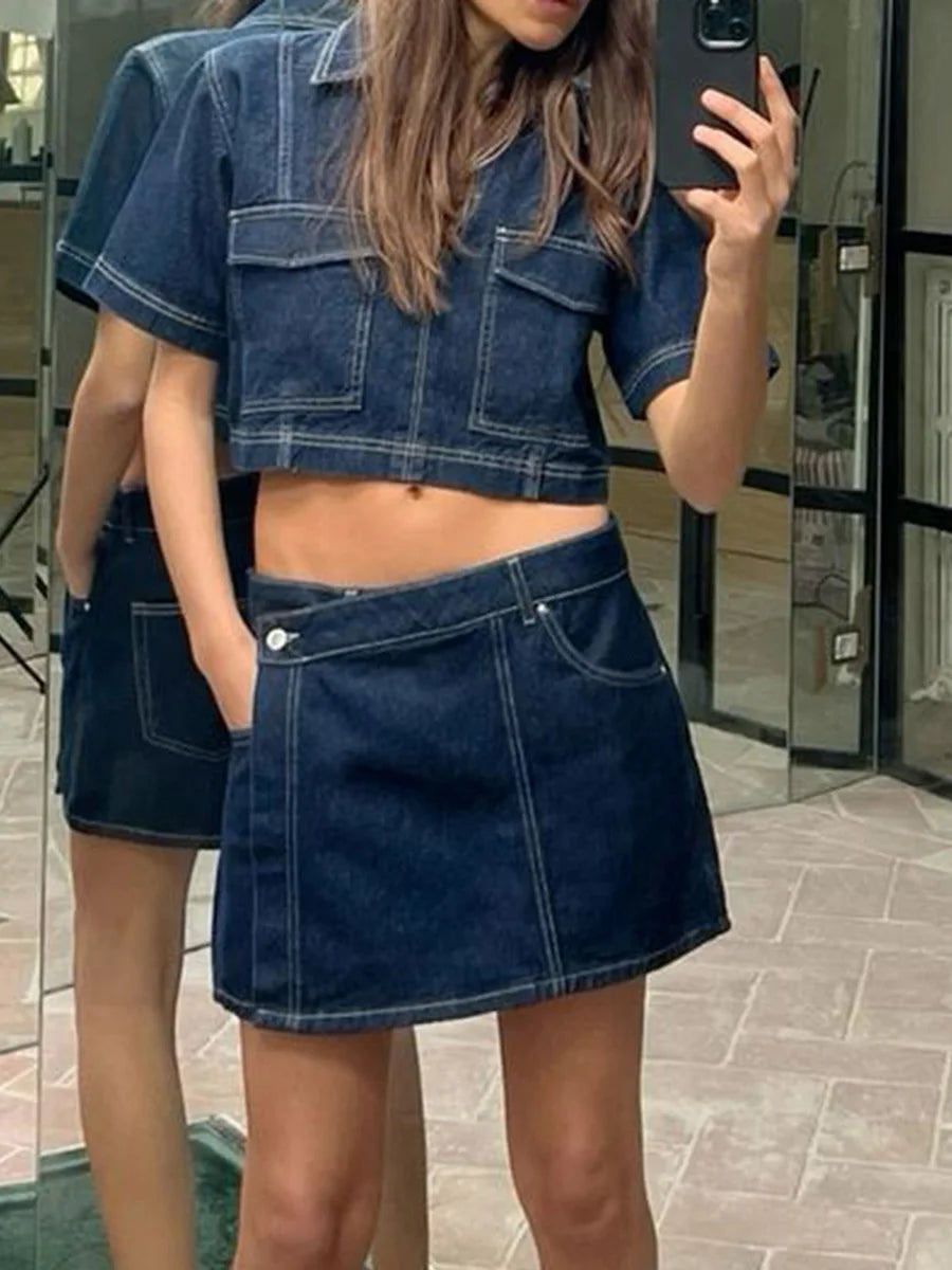 Women’s 2 Piece Denim Outfits Summer Short Sleeve Lapel Jean Pullover Tops and Asymmetrical Shorts Set for Streetwear Grunge Y2K