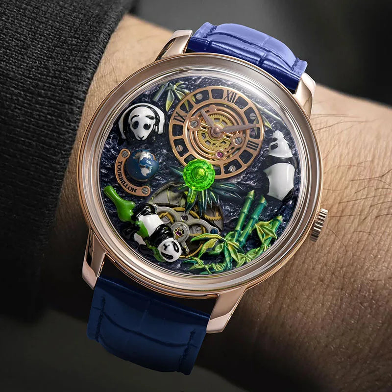 PINDU Three-dimensional Panda Dial Watches for Men High-end Luxury Transparent Hollowed Fully Automatic Mechanical Wristwatch