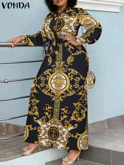 VONDA Maxi Dress  Summer Women Bohemian Printed Party Sundress Long Sleeve Stand Collar Casual Robe Holiday Vestidos Belted