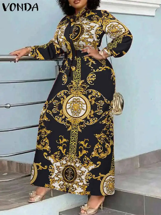 VONDA Maxi Dress  Summer Women Bohemian Printed Party Sundress Long Sleeve Stand Collar Casual Robe Holiday Vestidos Belted