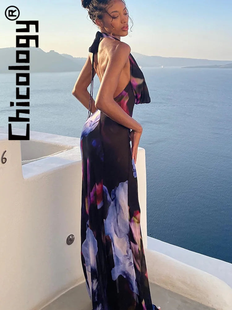 Chicology Sexy Halter Printing Backless Bodycon Maxi Dress Vacation Beach Party Festival Vintage Y2K 2022 Women Outfit Wholesale