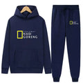 Autumn Men Gray Blue Casual 2PC Sets Trend Hoodie Tops Slim Pants Warm Sweatshirts Street Fashion Concise Printed Sports Suit