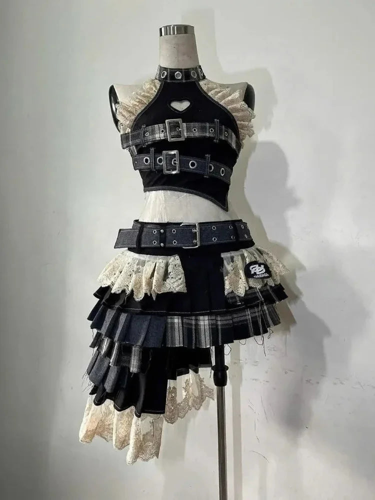 Summer Vintage Elegant Y2K Woman 2 Piece Sets Punk Gothic Strapless Crop Tops +High Waist Ruffle Skirt Female Party Outfits