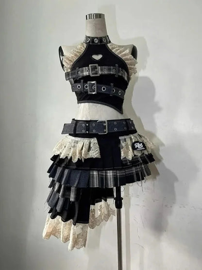 Summer Vintage Elegant Y2K Woman 2 Piece Sets Punk Gothic Strapless Crop Tops +High Waist Ruffle Skirt Female Party Outfits