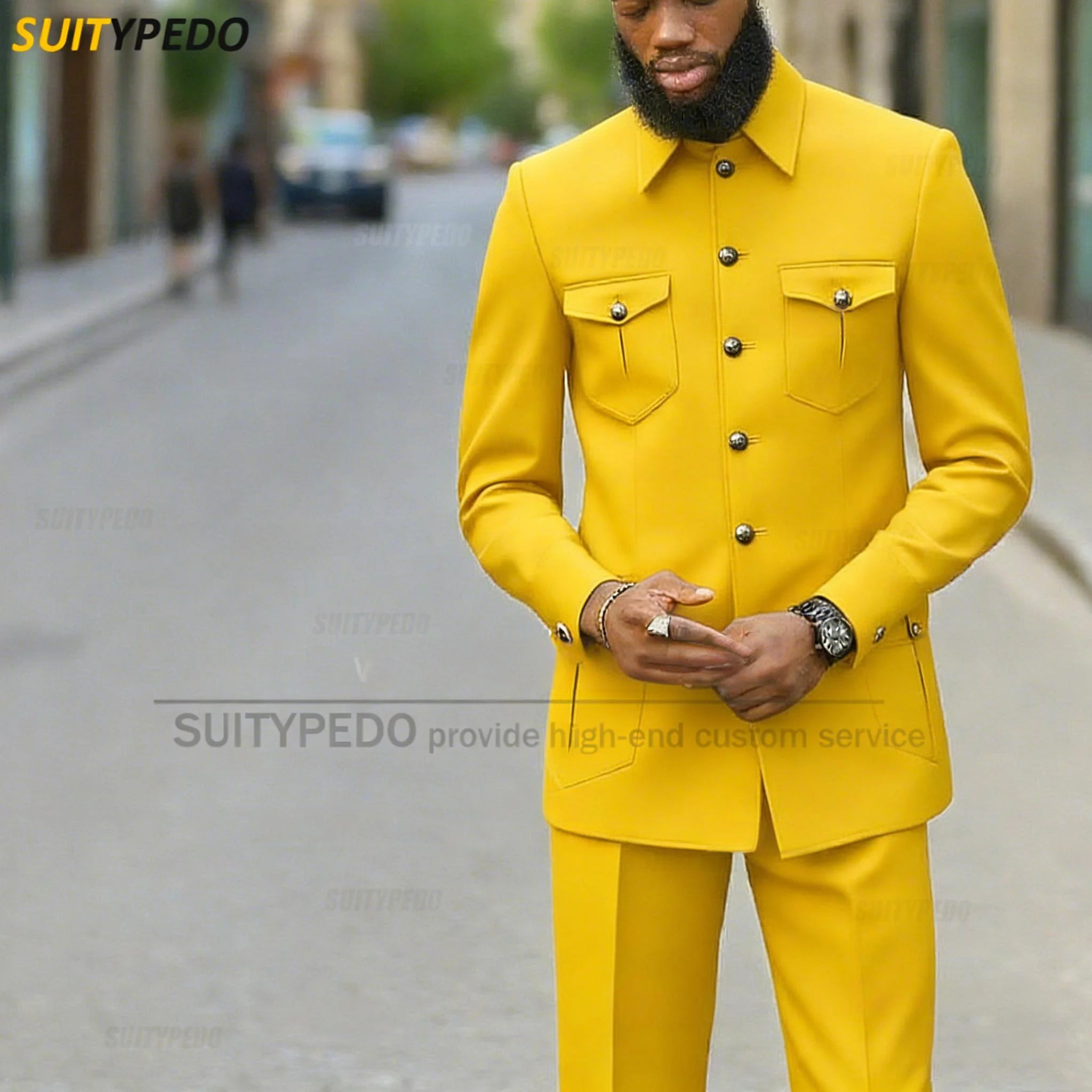 Fashion Stand Collar Men's Suit Newest Smart Casual Four Pockets Prom Formal Hommes 2 Pieces Blazer And Pants Sets Texudos