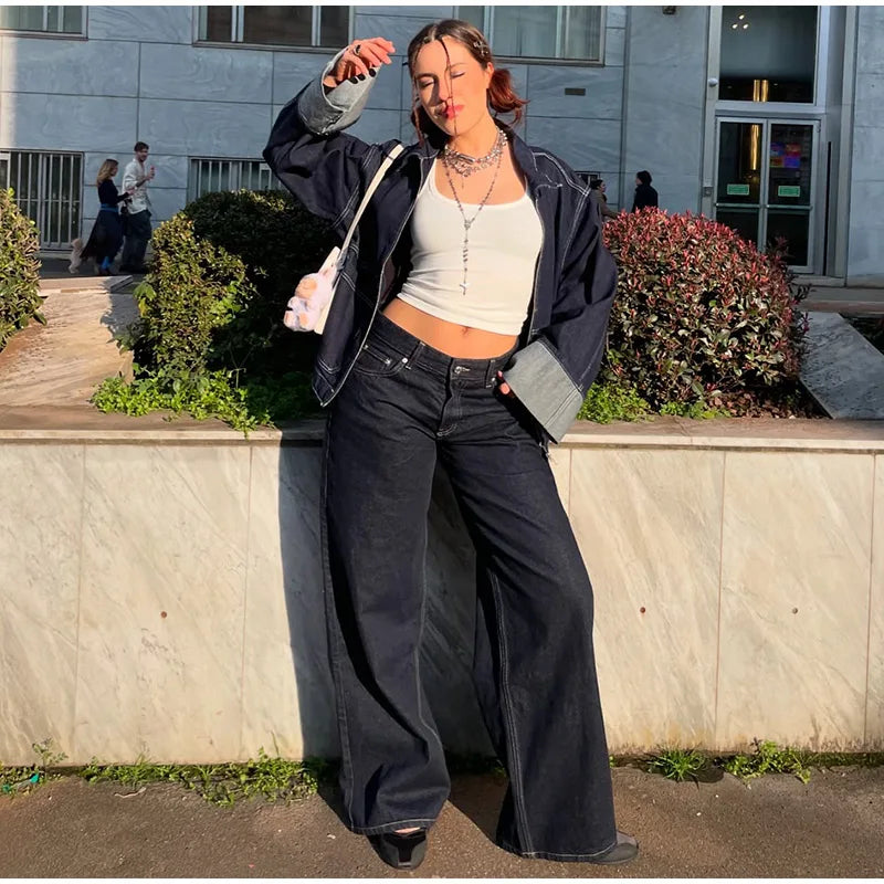 Fashion Denim Jacket Set Women Lapel Single Breasted Long Sleeve Coat Straight Jeans Pants 2025 Spring Lady  High Street Outfits