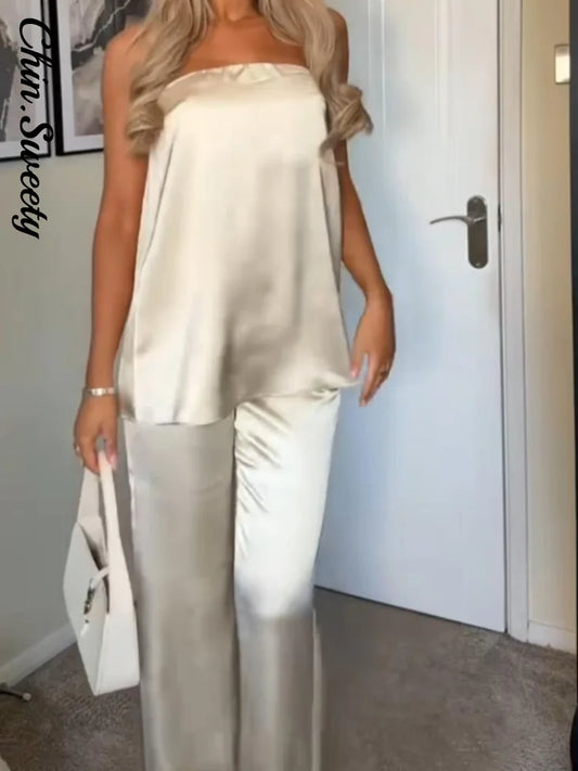 Elegant Tube Tops Women's Trouser Suits Backless Top Wide Leg Pants  Spring Summer High Street Fashion 2 Pieces Set Women