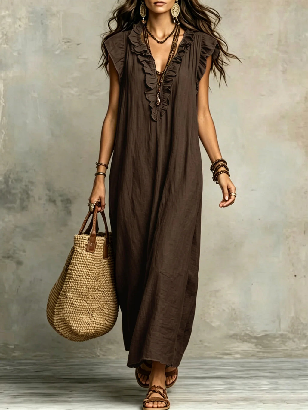 Women's Spring Summer Bohemian Long Dress with Flying Sleeves Elegant Gown for Ladies