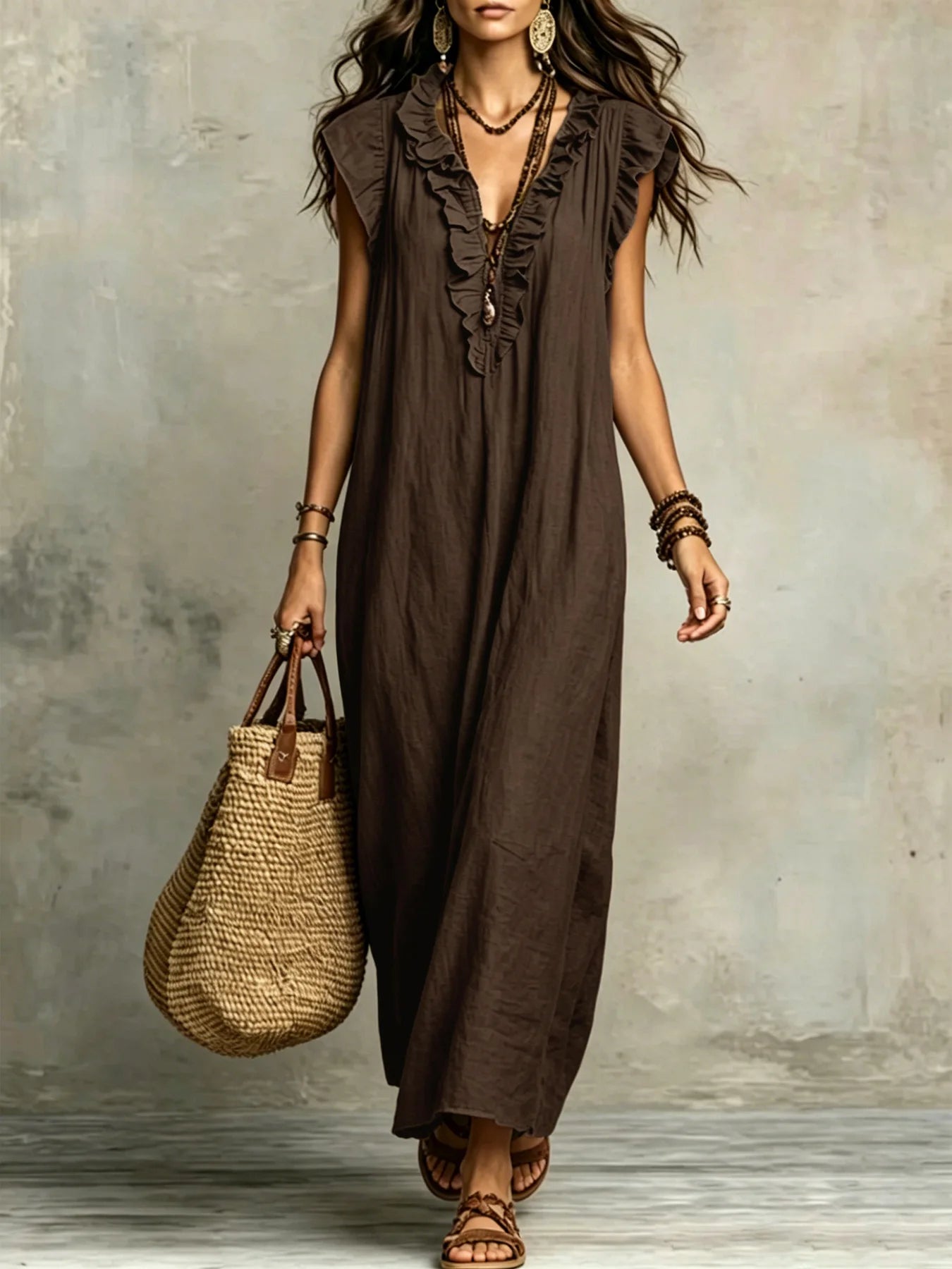 Women's Spring Summer Bohemian Long Dress with Flying Sleeves Elegant Gown for Ladies