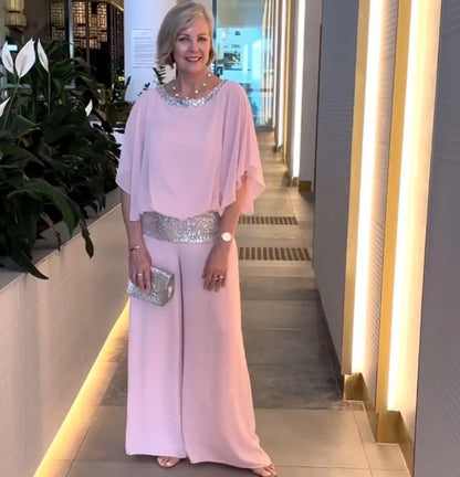 Spring Autumn Women's Clothing New Set Round Neck Fashion Glitter Color Blocked Bat Shirt Wide Leg Pants Set For Women
