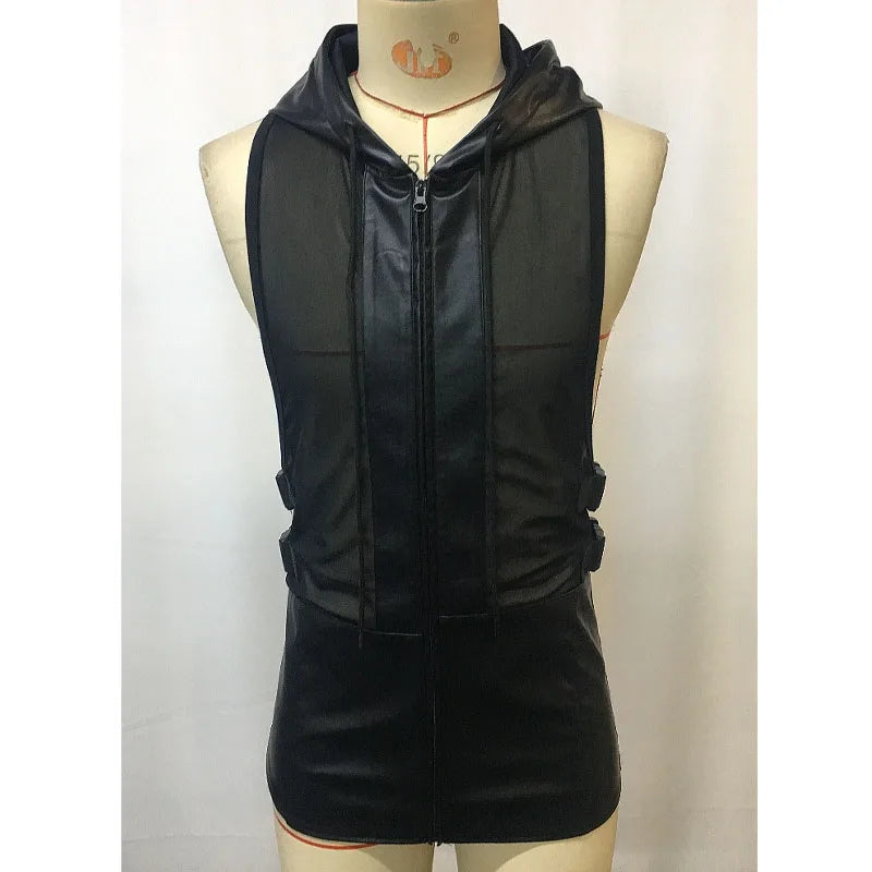 Men's Leather Stitching Net Shirt Motorcycle Leather Vest Top Sexy See-through Hooded Vest Muscular Men Fitness Vest Tank Top Me