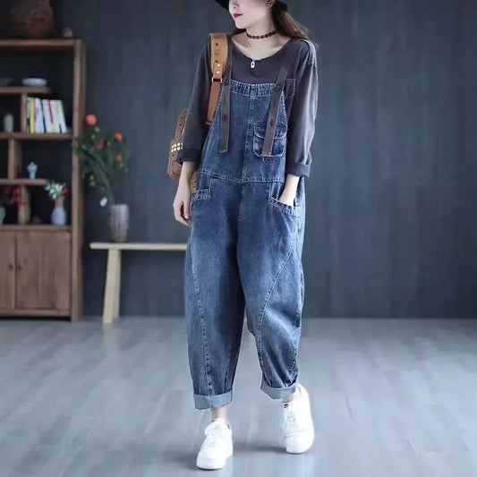 Jumpsuit Women Jeans Rompers New Retro Big Pocket Loose Denim Overalls Fashion Large Size Wide-leg Pants Drop Shipping