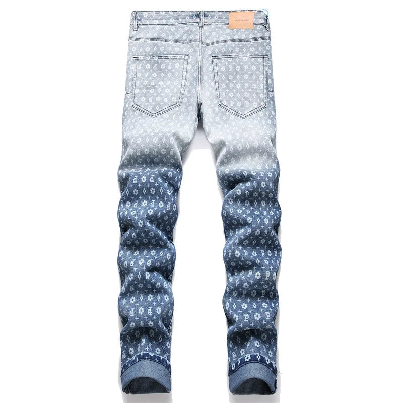 New Autumn 2024 Blue Letter-Printed Jeans Mid-Waist Slim Stretch Men's Casual Denim Pants Street Clothing