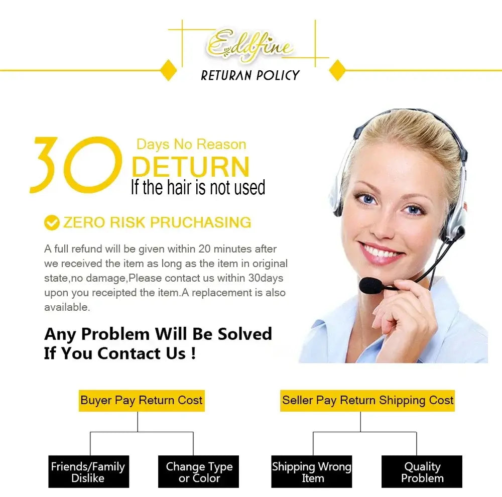 Edlfine Return Policy explaining 30 Days No Reason to Return if hair is not used, emphasizing zero risk purchasing.
