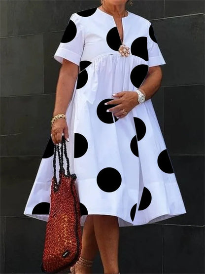 Modigirl Women Midi Shirts Dress  Summer Short Sleeves Black and White Polka Dot Daily Casual Simple Female A-line Dresses