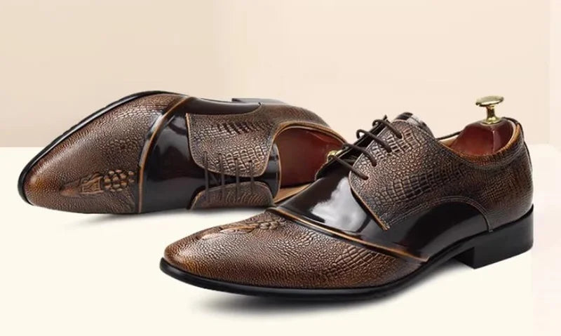 Elegante Herren-Lederschuhe, spitze Zehenpartie, Schnürung, Krokodilmusterprägung, Echtleder, formelle Schuhe, Hochzeitsschuhe, Gesellschaftsschuhe