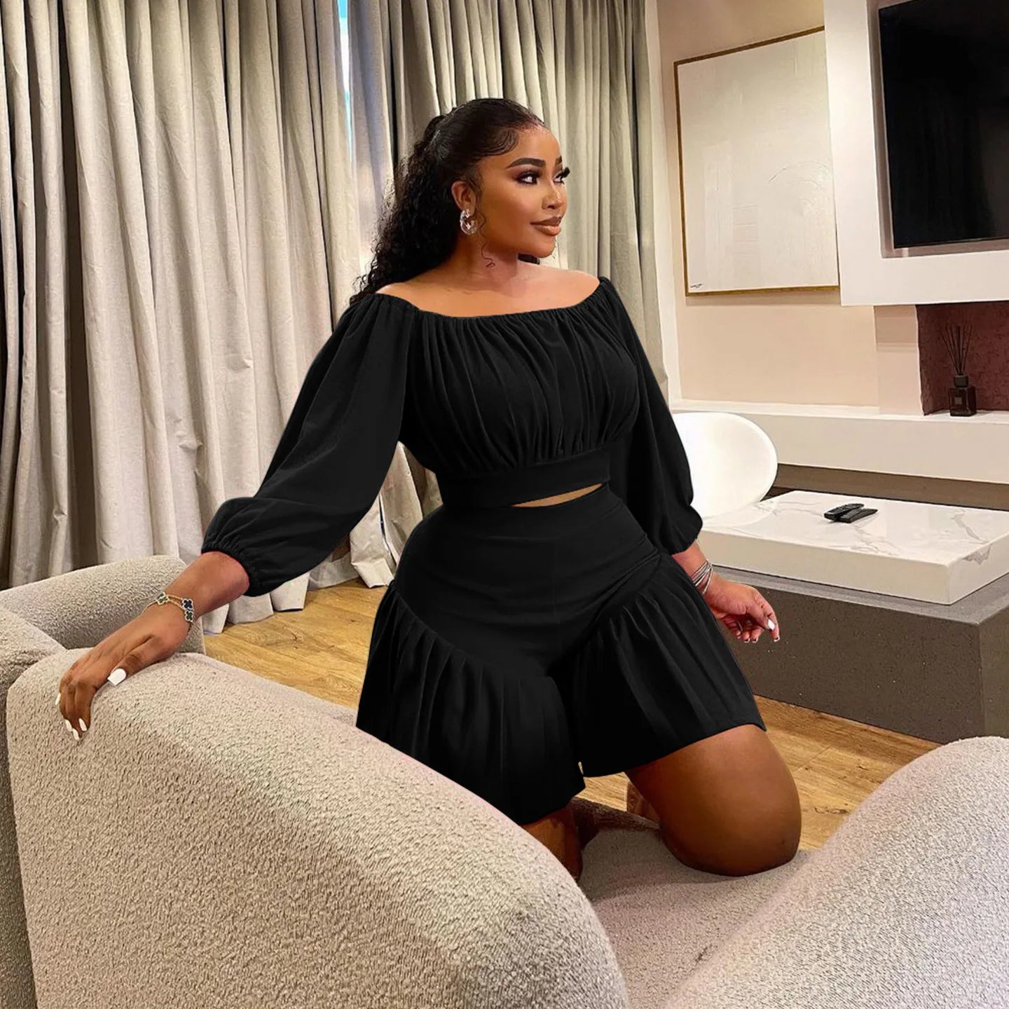 CM.YAYA Plus Size Women's Set Long Sleeve Slash Neck T-Shirt and Shorts  Summer Ruched Two 2 Piece Set Outfits Tracksuit