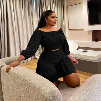 CM.YAYA Plus Size Women's Set Long Sleeve Slash Neck T-Shirt and Shorts  Summer Ruched Two 2 Piece Set Outfits Tracksuit