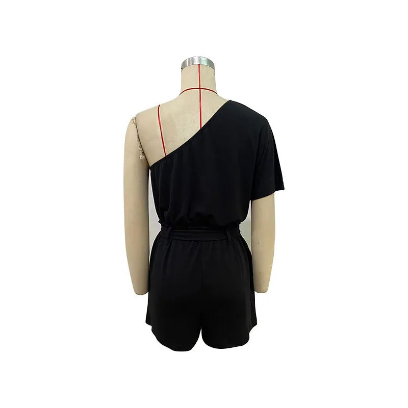 2024 Summer New Women's Casual Single Shoulder Solid Color Jumpsuit Shorts