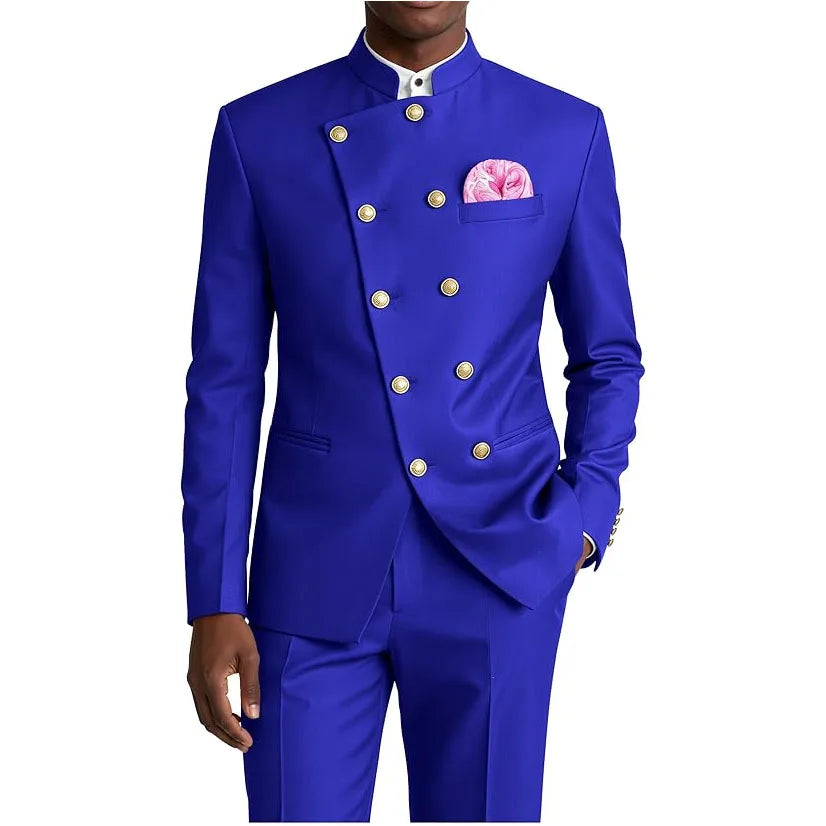 Men's Business Casual Suit 2 Piece Brown Mandarin Collar Double Breasted With Gold Buttons
