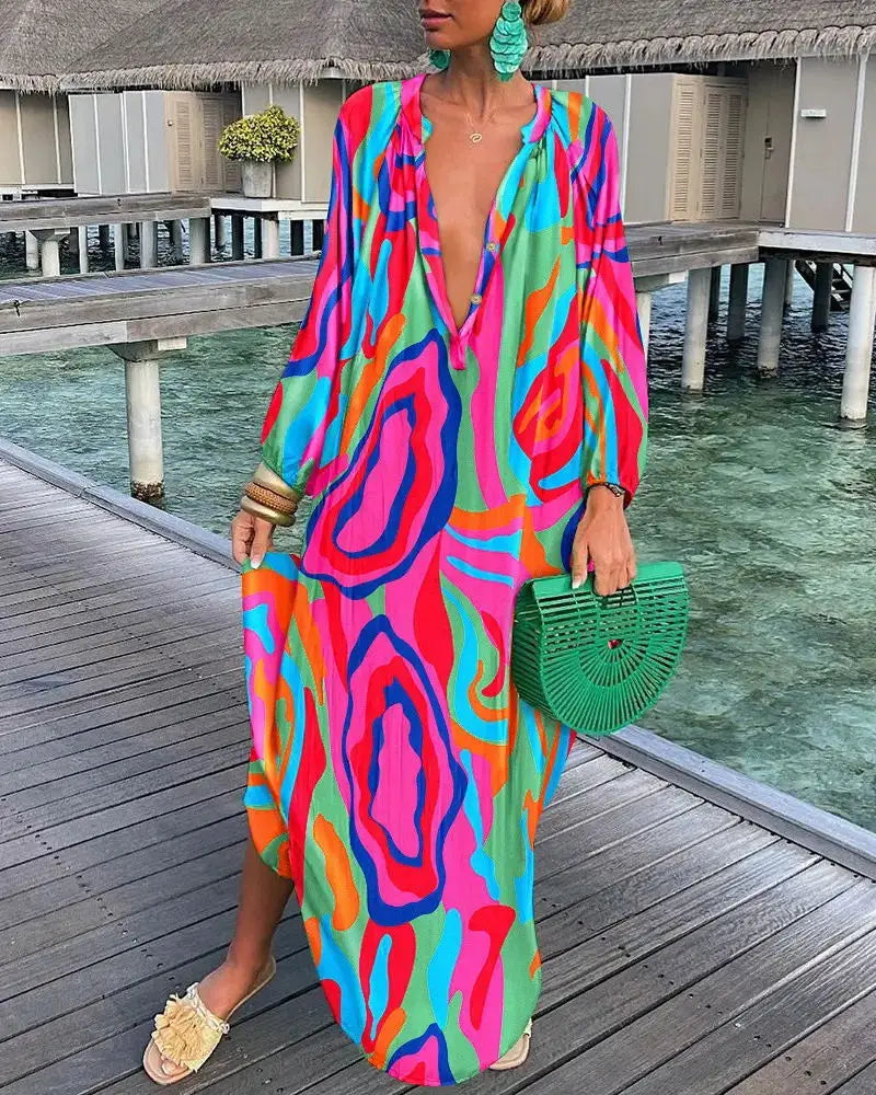 Elegant Women's Dresses 2024 Summer Casual Fashion Print V-Neck Loose Retro Comfortable Maxi Dress Female Robe Vestidos S-3XL