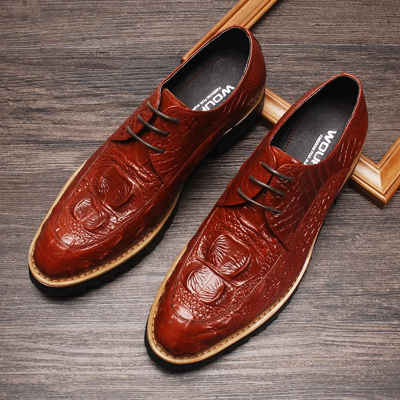 Crocodile Pattern Mens Casual Dress Shoe Luxury Geniune Leather Men's oxford Shoe Black Burgundy Lace Up Formal Wedding Shoe Men