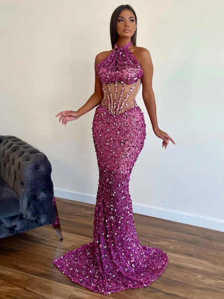 New Luxury Rosered Women Sexy Off Shoulder Sleeveless Mesh Sequines Bodycon Long Maxi 2023 Celebrate Elegant Red Carpet Dress