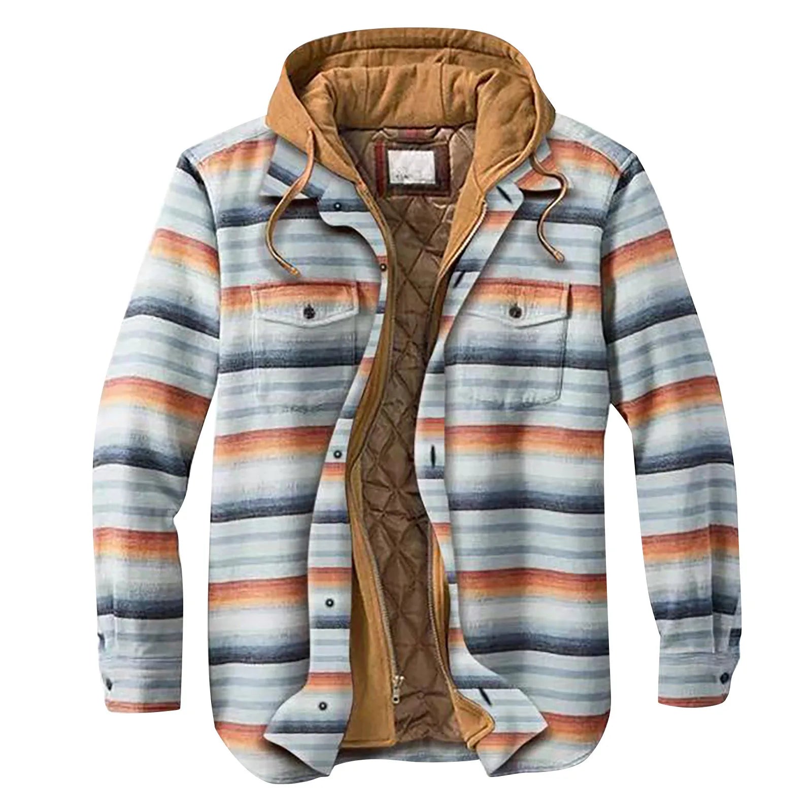 Men's fashion Cotton Flannel Shirt Jacket with Hood Mens Long Sleeve Quilted Lined Plaid Coat Button Down Thick Hoodie Outwear