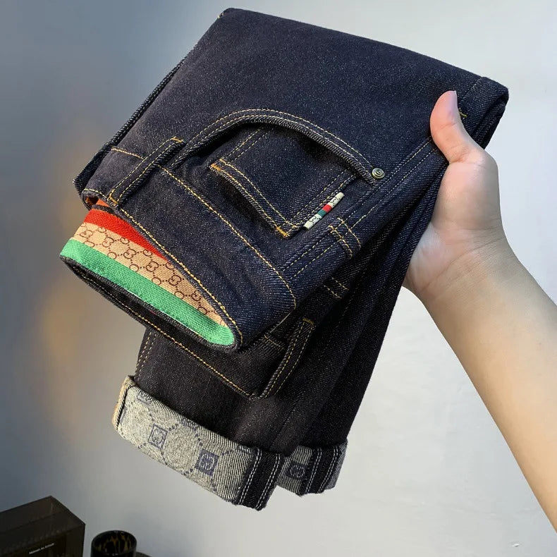 High end light luxury men jeans autumn new item dark blue fashion printed casual straight slim fit cotton washed denim pants