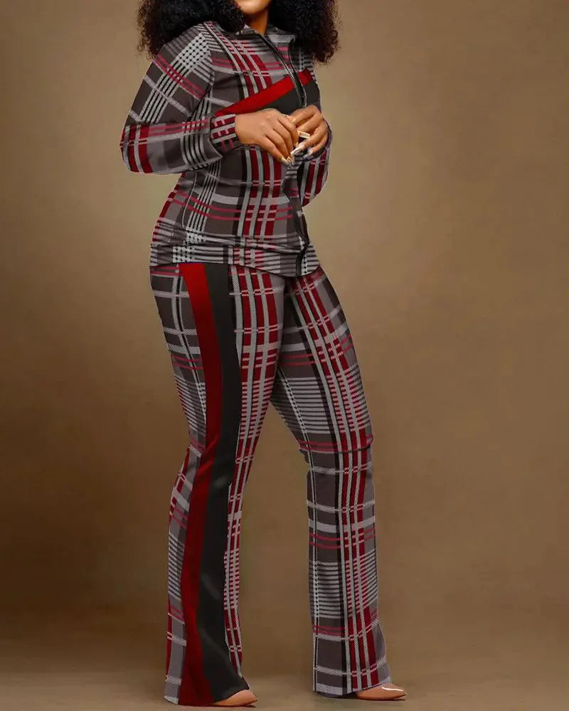 Spring Autumn Two Piece Sets Women Geometric Print Zip Up Top Coat Pants Set Outifits Fashion Tracksuit Casual Elegant Suit