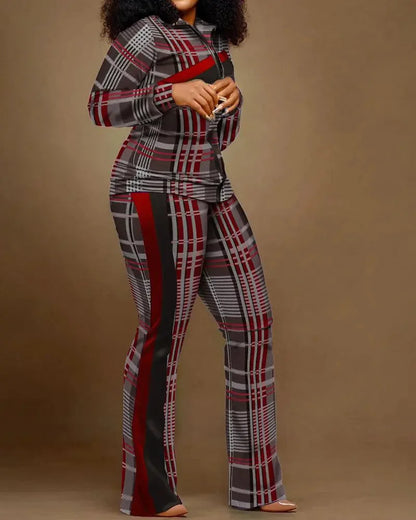 Spring Autumn Two Piece Sets Women Geometric Print Zip Up Top Coat Pants Set Outifits Fashion Tracksuit Casual Elegant Suit